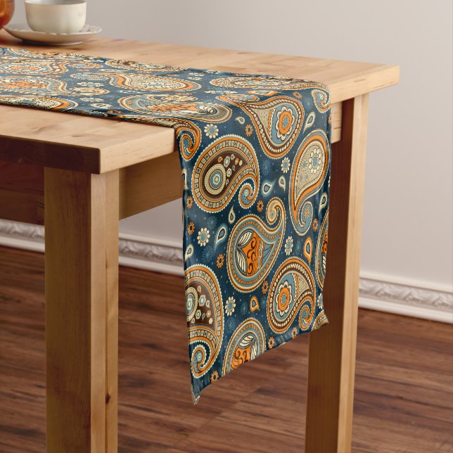 Chemin De Table Court Paisley motif bleu turquoise orange élégant (In Situ)
