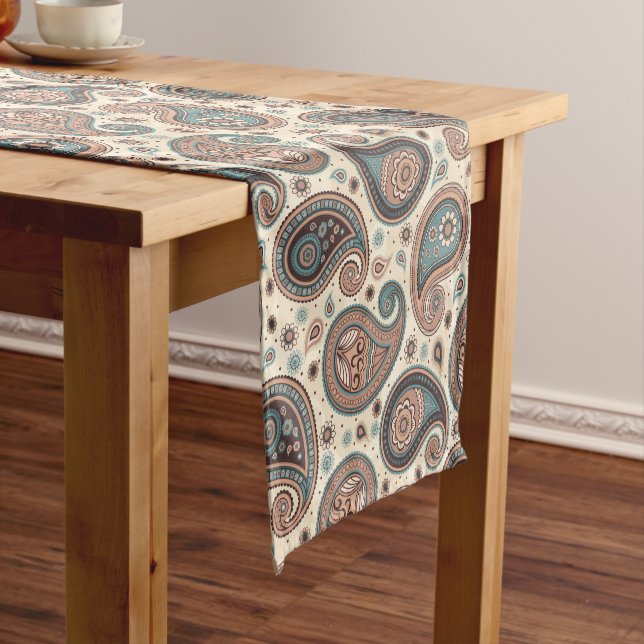 Chemin De Table Court Paisley motif marron turquoise beige (In Situ)