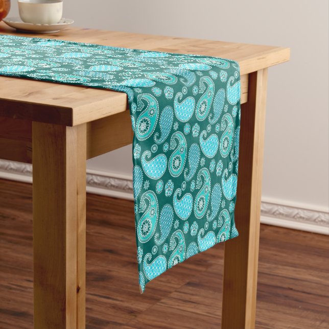 Chemin De Table Court Paisley motif, Turquoise, Aqua et Blanc (In Situ)