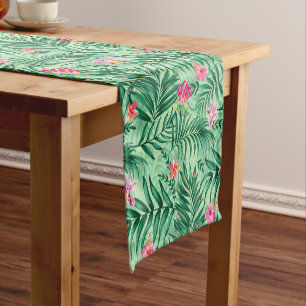 Chemin De Table Court Palme tropicale & Monstera Feuilles & Fleurs exoti