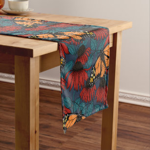 Chemin De Table Court Papillon monarque sur des fleurs rouges