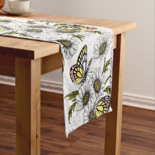 Chemin De Table Court Papillons Jézabel et fleurs marguerites sur blanc