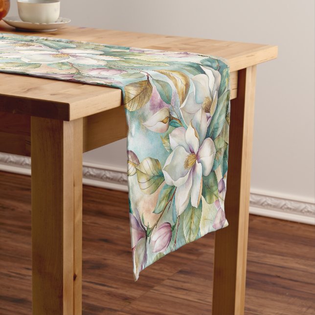 Chemin De Table Court Pattern Elegant Magnolia Flowers (In Situ)