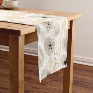 Chemin De Table Court Pavot gris bleu jaune Aquarelle bleu floral