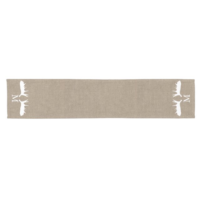Chemin De Table Court Pays Burlap White Moose Antlers Monogramme (Horizontal)