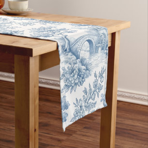Chemin De Table Court Paysage Toile Bleu et Blanc Vintage