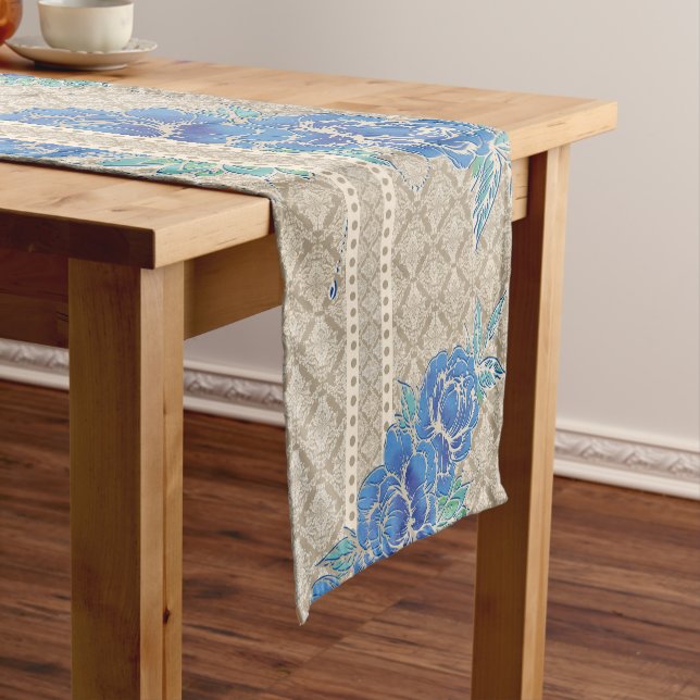 Chemin De Table Court PÉONIES BLEUES & DAMASK ~ Coureur de table (In Situ)