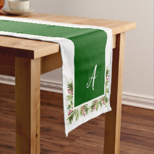Chemin De Table Court Pin de Noël et monogramme d'aquarelle de baies