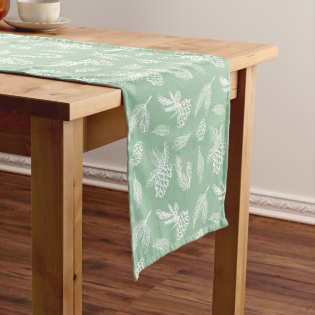 Chemin De Table Court Pine Cones Rustique Motif Blanc & Mint Holiday (In Situ)