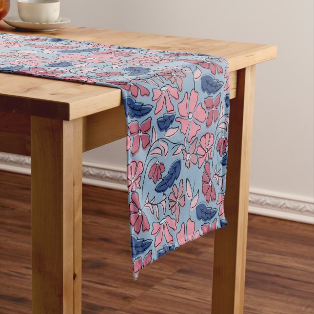 Chemin De Table Court Pink and Blue Hand Drake Floral Block Print (In Situ)