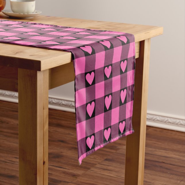 Chemin De Table Court Pink Black Buffalo Heart Plaid Table Runner (In Situ)