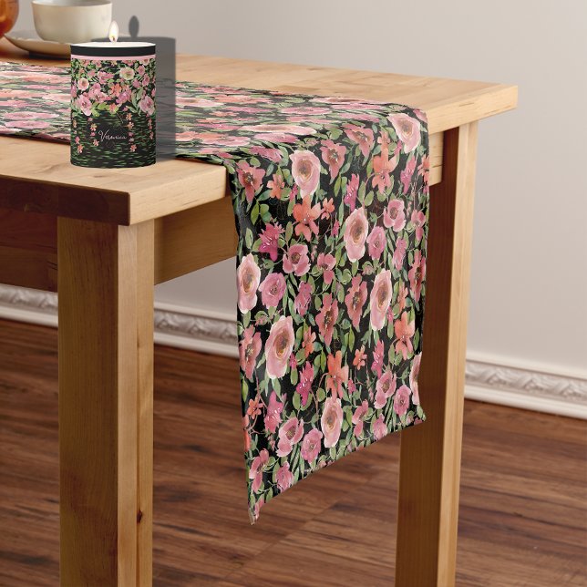 Chemin De Table Court Pink Floral Black Table Runner (Pink Floral Black Table Runner)