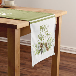 Chemin De Table Court Pins floraux verts couronne de Noël