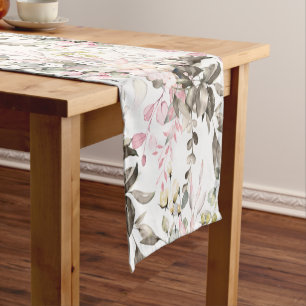 Chemin De Table Court PixDezines Fleurs Aquarelles Foliage Blush Rose