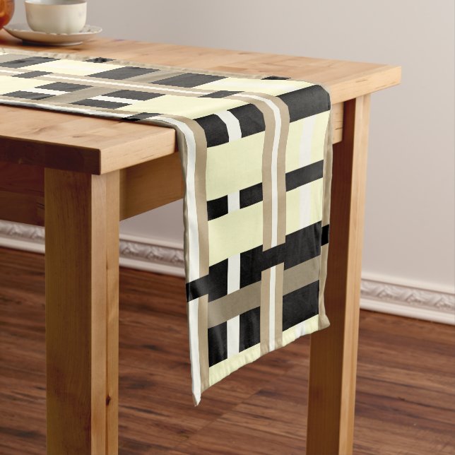 Chemin De Table Court Plaid en Taupe, Tan, noir, blanc (In Situ)