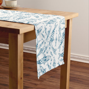 Chemin De Table Court Portugais Lisbonne Sardines Motif Azulejos Blanc