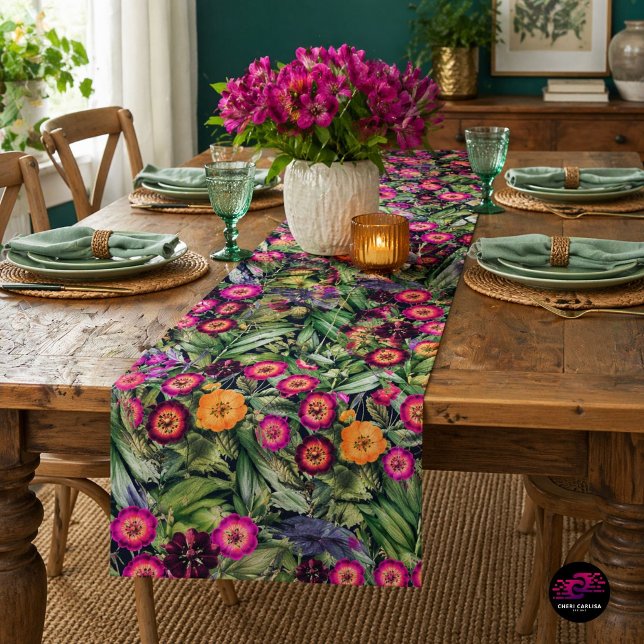 Chemin De Table Court Prairie Florale Rose Île (Tropical florals set the table. Island vibes follow.)