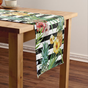 Chemin De Table Court Rayures tropicales de noir de fleur d'ananas