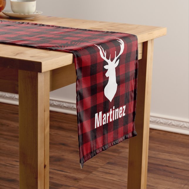 Chemin De Table Court Red Buffalo Check Plaid Deer Head Personnalisé (In Situ)