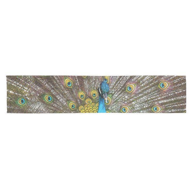 Chemin De Table Court Regal Peacock avec Turquoise Blue et Gold Plumage (Horizontal)