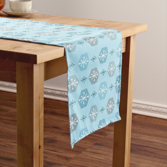 Chemin De Table Court Rétro Noël Snowflakes Baby Blue (In Situ)