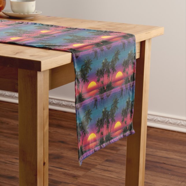 Chemin De Table Court Retro Synthwave Palm Tree Sunset Pattern (In Situ)