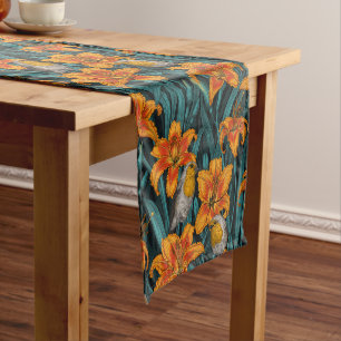 Chemin De Table Court Robins et fleurs de lys, orange et bleu