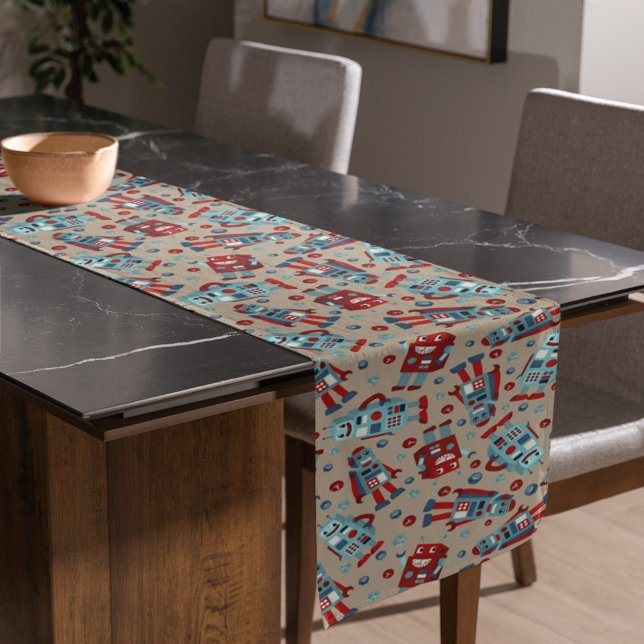 Chemin De Table Court Robots rétro à motif bleu et rouge (Créateur téléchargé)