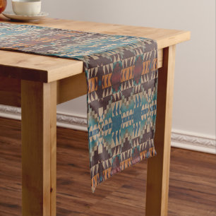 Chemin De Table Court Rouge foncé Brown Bleu Rouille Orange Tribal Art