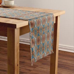 Chemin De Table Court Rouge foncé Sarcelle Bleu Taupe Brun Mosaïque Trib