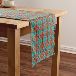 Chemin De Table Court Rouge Rouille Orange Turquoise Sarcelle Bleu Art T