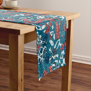 Chemin De Table Court Rouge Turquoise noir blanc tacheté Résumé graphiqu