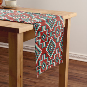 Chemin De Table Court Rouge Vert noir blanc Oriental Kilim Motif