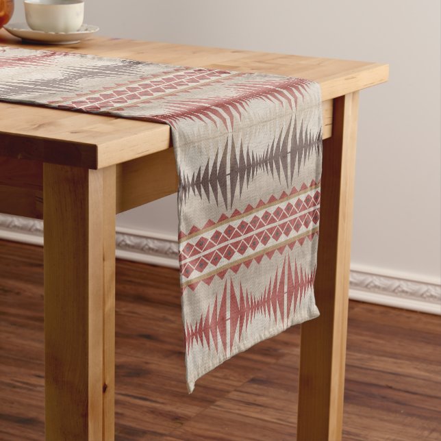 Chemin De Table Court Rouille Rouge Taupe Beige Dark Brown Tribal Art (In Situ)