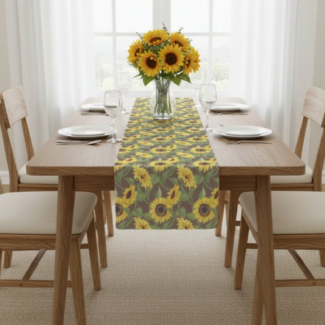 Chemin De Table Court Rustic Table Runner with Sunflower Print, Brown  (Créateur téléchargé)