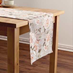 Chemin De Table Court Rustic Wood & Vintage Roses Romantic Shabby Chic