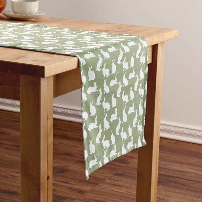 Chemin De Table Court Sage Green And White Bunny Pattern Modern Easter (In Situ)