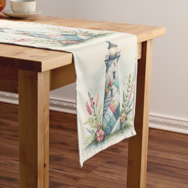 Chemin De Table Court Scène florale côtière du phare patchwork (In Situ)