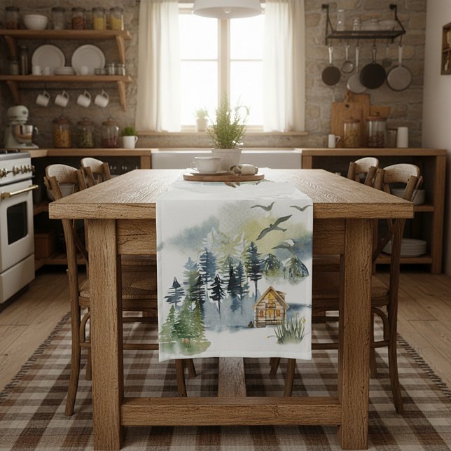 Chemin De Table Court Scène forestière à l'aquarelle  (Créateur téléchargé)