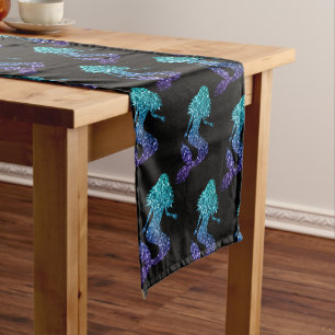 Chemin De Table Court Sirène bleu aqua ombré motif paillettes noir