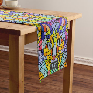 Chemin De Table Court Snazzy Cat Mosaic en Arc-en-ciel Couleurs amusante