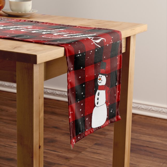 Chemin De Table Court Snowman sur Red Black Buffalo Plaid (In Situ)
