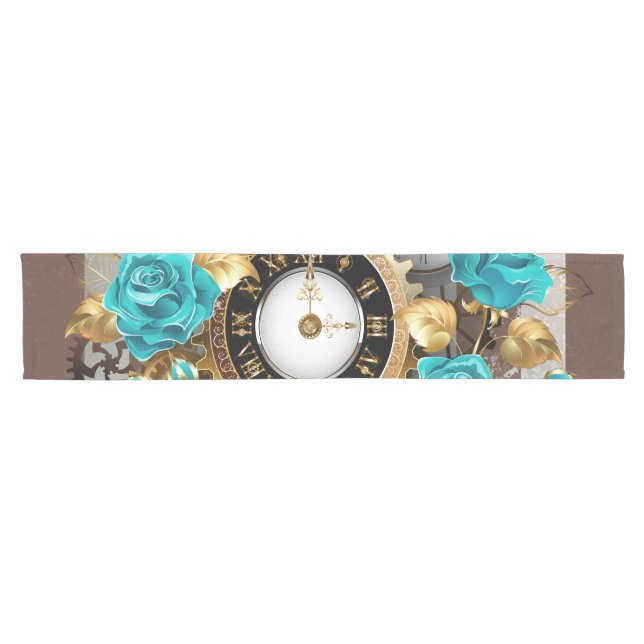 Chemin De Table Court Steampunk Clock and Turquoise Roses on Striped (Horizontal)