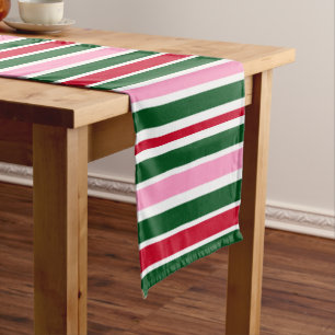 Chemin De Table Court Sucre de canne de Noël rayures en rose vert et rou
