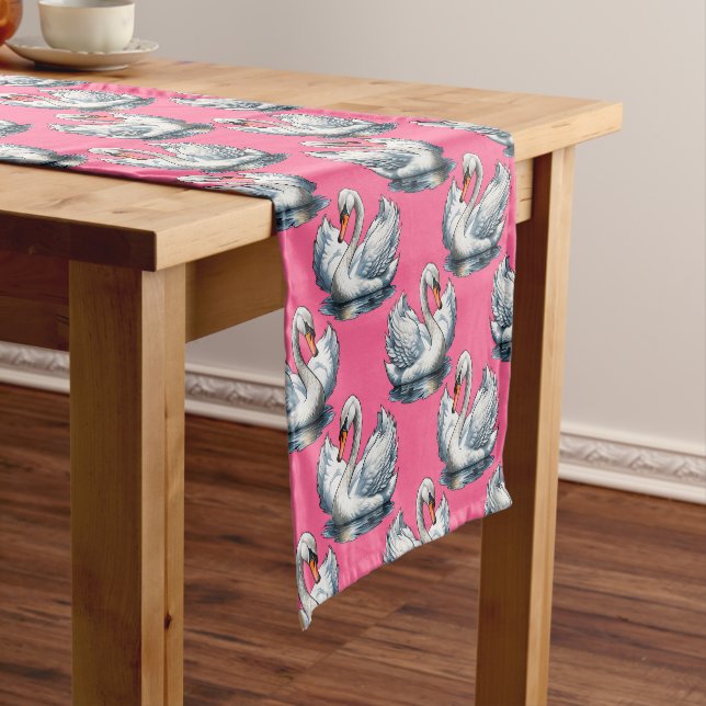 Chemin De Table Court Swan Birds Pattern Design On Pink (In Situ)