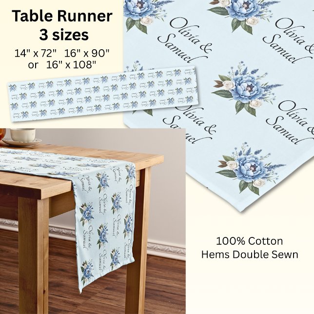 Chemin De Table Court Tableau Runner Ajouter des noms Blue Peony Mariage (Créateur téléchargé)