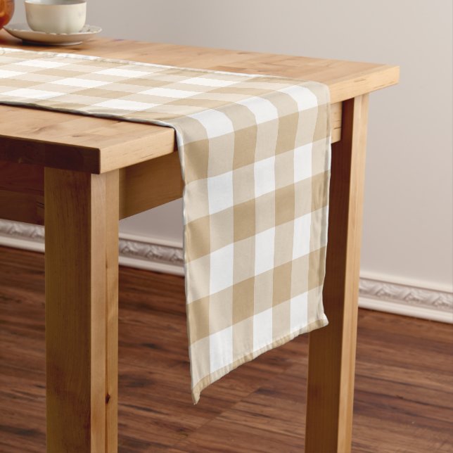 Chemin De Table Court Tan Beige White Gingham Plaid Table Runner (In Situ)
