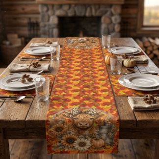 Chemin De Table Court Tapis de table Vache des Highlands dans les feuill