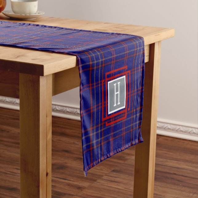 Chemin De Table Court Tartan Monogramme Bleu Rouge  (In Situ)