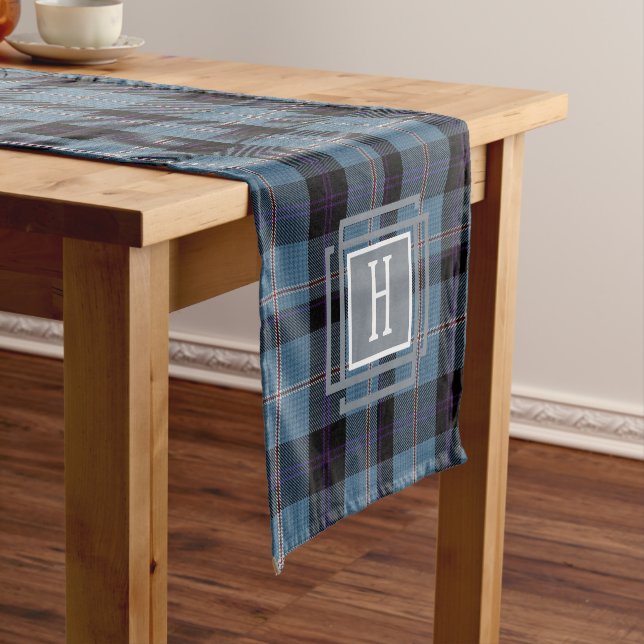 Chemin De Table Court Tartan Monogramme Noir Bleu  (In Situ)